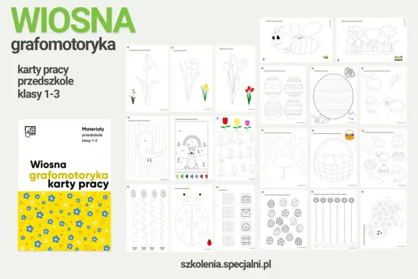 Wiosna grafomotoryka: ćwiczenia ruchowe dla przedszkolaków i klas 1-3. Karty pracy z motywami wiosennymi, zwierzętami i pisankami.