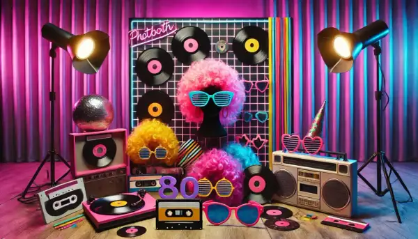 Accessoires colorés pour une **soirée 80** : perruques, vinyles, lunettes flashy et boombox. Préparez-vous à danser !