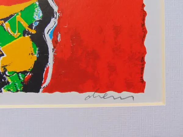 Abstracte kleuren met een rode achtergrond en een handtekening van Peter Diem.