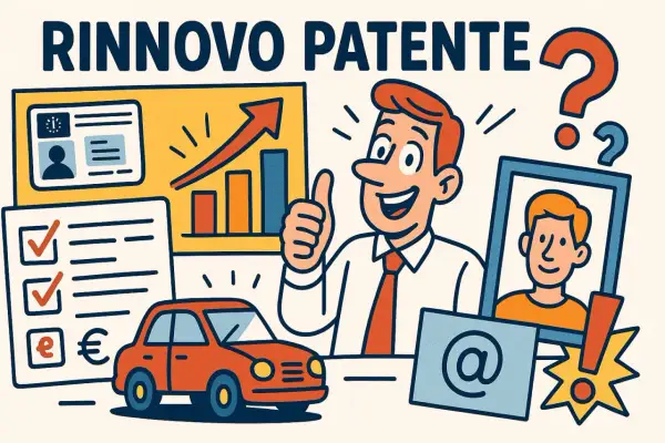 Rinnovo patente: uomo sorridente con pollice in su, grafico in crescita, auto, documenti e foto tessera.
