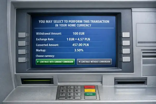 Bankomat pokazuje, że waluta w Niemczech to euro (EUR). Transakcja na 100 EUR zostanie przeliczona na 457 PLN.