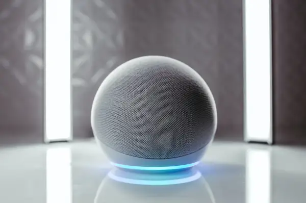 Altavoz esférico gris con anillo de luz azul. Listo para activar Alexa.