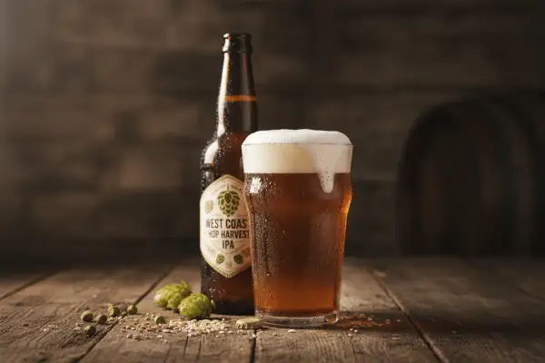 Boccale di birra IPA schiumosa accanto a una bottiglia di West Coast Hop Harvest IPA, con luppolo e chicchi sparsi su un tavolo di legno.