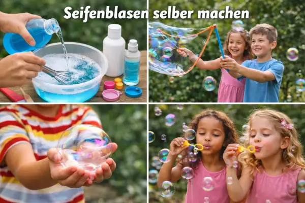 Kinder machen Seifenblasen selber, mischen die Flüssigkeit an und pusten bunte Blasen.