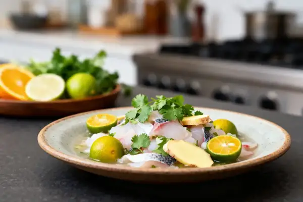 Un plat frais de ceviche de daurade, garni de coriandre, de gingembre et de citrons verts, prêt à être dégusté.