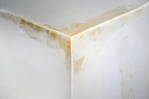 Ecke einer Eigentumswohnung mit deutlichen Wasserflecken und Verfärbungen an Wand und Decke, ein Zeichen für einen unverschuldeten Wasserschaden.
