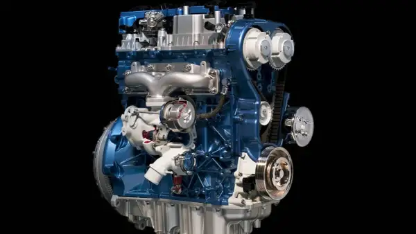 Błękitny silnik 1.6 Ecoboost z turbosprężarką i paskiem rozrządu, gotowy do pracy.
