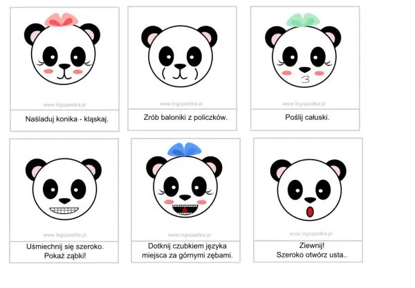 Dzień pandy w przedszkolu: pandy ćwiczą miny: kląskanie, robienie baloników z policzków, całuski, uśmiech, dotykanie językiem zębów i ziewanie.
