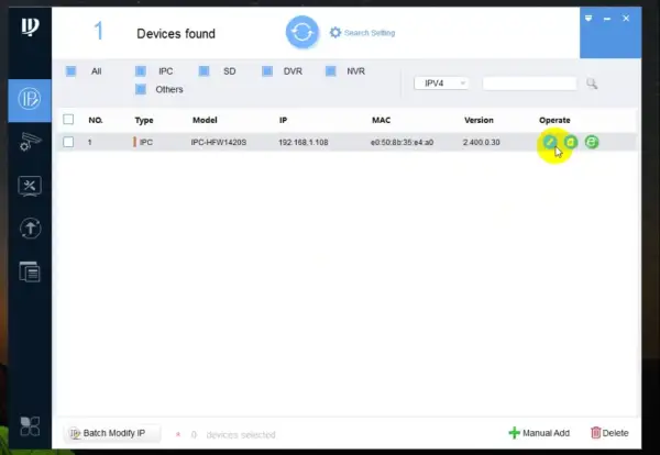 Lista urządzeń znalezionych przez dmss. Widoczna kamera IPC-HFW1420S z IP 192.168.1.108.