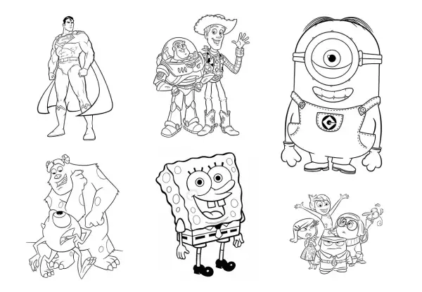 Láminas para colorear: Superman, Buzz y Woody, Minion, Mike y Sully, Bob Esponja y personajes de Intensamente. Ideal para como pintar un niño de 3 años.