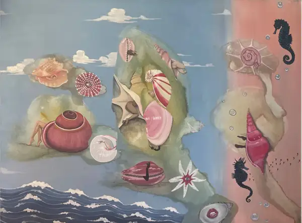 A surreal seascape with shells, seahorses, and human legs emerging from shells, reminiscent of female surrealist painters' dreamlike visions.