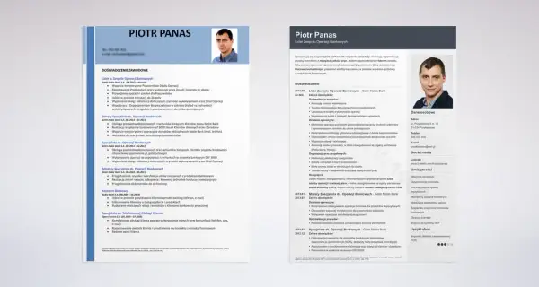 Piotr Panas, lider zespołu operacji bankowych, szuka pracy. Jego CV zawiera pytania na rozmowie kwalifikacyjnej dotyczące doświadczenia i umiejętności.
