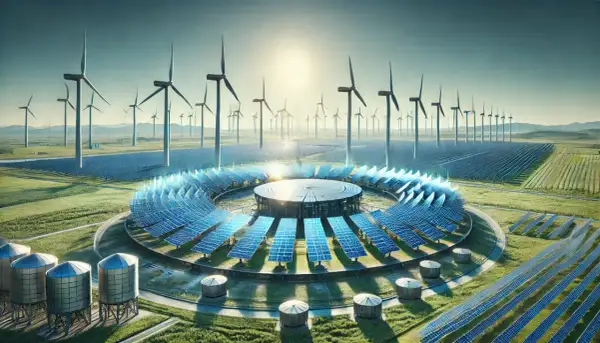 Futurystyczna elektrownia z wiatrakami i panelem słonecznym w kształcie pierścienia, przypominającym reaktor fuzyjny.