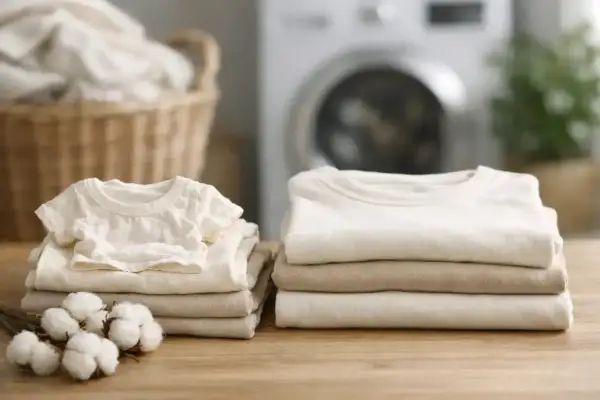 Ein kleiner Baby-Strampler und gefaltete Kleidung aus Baumwolle liegen auf einem Holztisch. Die Frage, ob Baumwolle beim Waschen eingeht, wird hier visuell thematisiert.