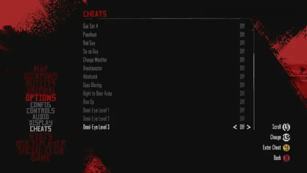 Menu gry RDR2 z opcjami aktywacji kodów, np. "Dead-Eye Level 3".