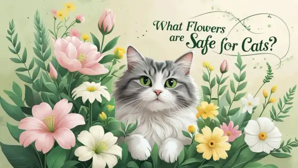 A fluffy cat with green eyes peeks through a garden of colorful flowers, asking "What Flowers are Safe for Cats?