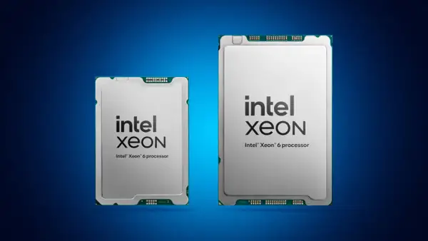 Dos procesadores Intel Xeon 6, uno más pequeño que el otro, sobre fondo azul.