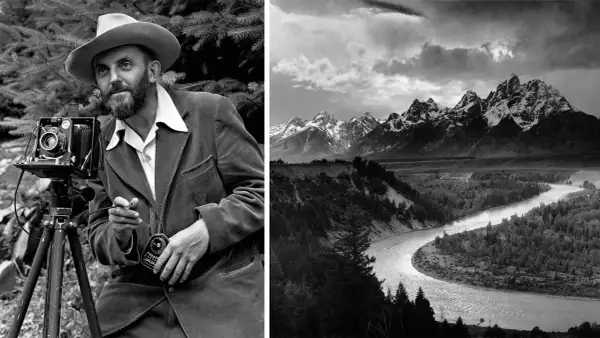 Ansel Adams, il miglior fotografo al mondo, con la sua macchina fotografica e un paesaggio montano mozzafiato.
