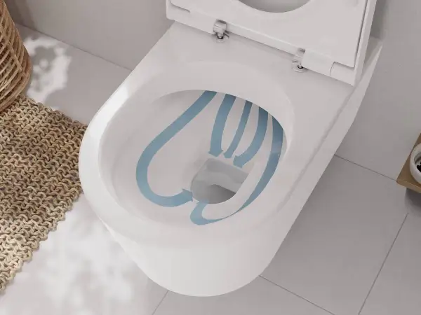 Biała miska WC z widocznym schematem przepływu wody w kolorze niebieskim.