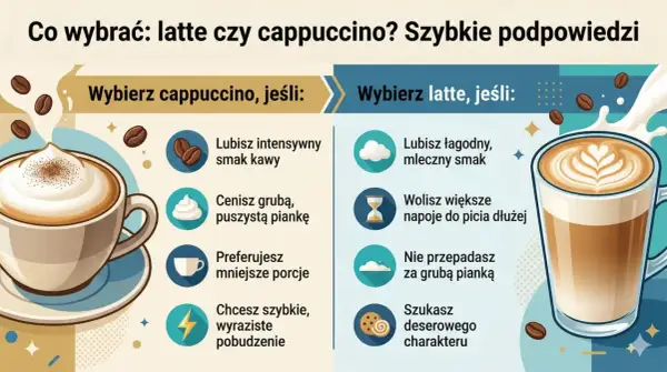 Porównanie latte i cappuccino: wybierz cappuccino dla intensywnego smaku i grubej pianki, latte dla łagodności i większych porcji.