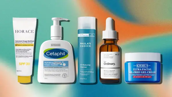 Routine de soins pour homme : hydratant matifiant, nettoyant, sérum et crème pour lutter contre l'excès de sébum.