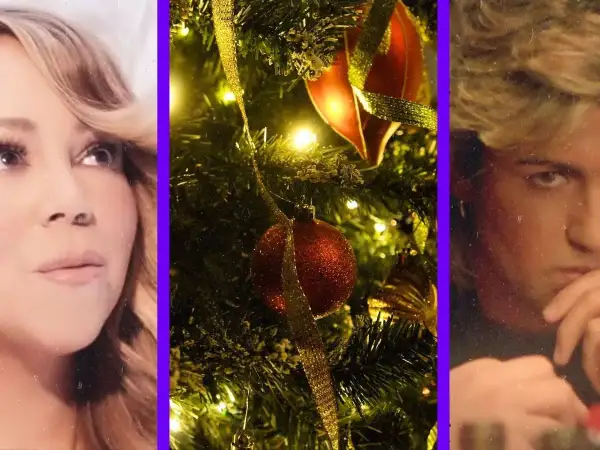 Mariah Carey i George Michael, ikony piosenek świątecznych Last Christmas, na tle choinki.