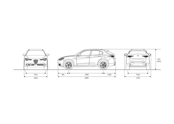 Alfa Romeo Stelvio wymiary: szerokość 1903 mm, długość 4687 mm, wysokość 1671 mm.