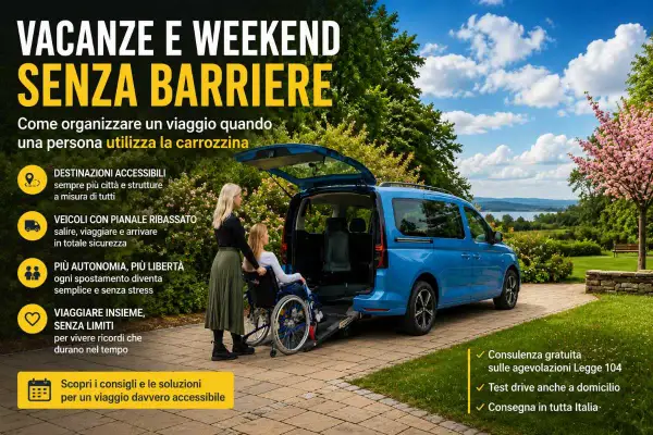 Una donna aiuta un'altra in carrozzina a salire su un furgone accessibile, promuovendo viaggi senza barriere per chi ha una disabilità motoria.