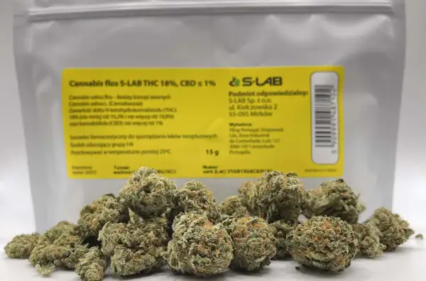 Suszone kwiaty konopi S-LAB THC 18% CBD ≤1% na tle opakowania.