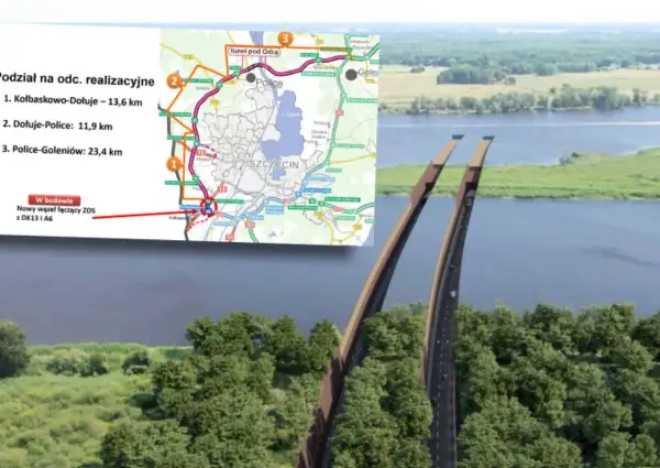 Mapa i wizualizacja pokazują budowę zachodniej obwodnicy Szczecina, w tym tunel pod Odrą i nowy węzeł.