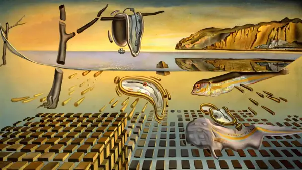 Melting clocks, a fish, and barren trees evoke the surreal Dali meaning of time's fluidity and decay in a dreamlike landscape.