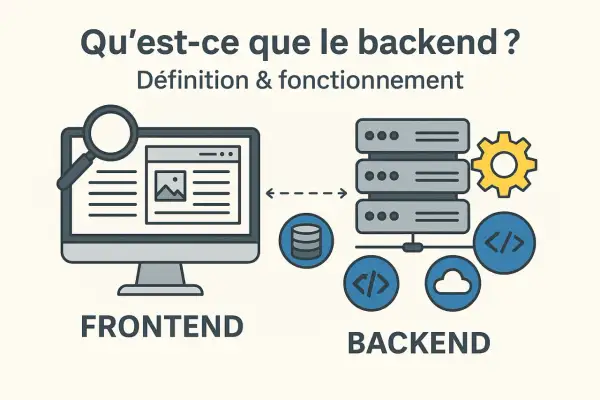 Illustration du frontend et du backend. Le frontend montre un écran d'ordinateur avec une loupe. Le backend présente des serveurs, une base de données, un nuage et un engrenage, symbolisant le moteur de template.