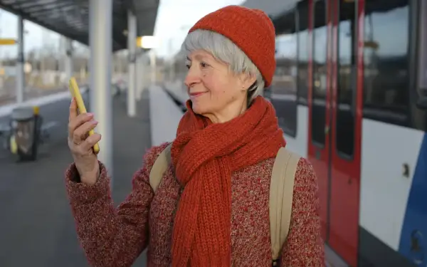 Starsza pani na dworcu sprawdza w telefonie, jak wyrobić kartę seniora PKP.