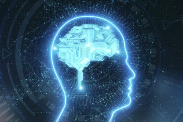Silhouette bleue d'une tête avec un cerveau en circuit imprimé, symbolisant l'entrainement mémoire et la connexion neuronale.