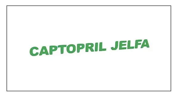 Napis CAPTOPRIL JELFA w kolorze zielonym, lekko pochyły.