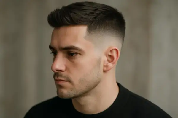 Un homme arbore une coupe pompadour homme moderne avec un dégradé net sur les côtés.