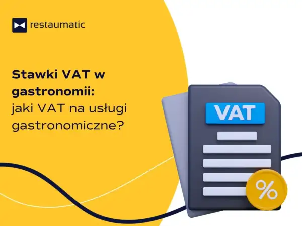 Stawki VAT w gastronomii: jaki VAT na usługi gastronomiczne? Ikona dokumentu z napisem VAT i monetą z procentem.