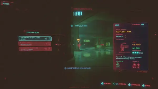 Widok z gry z interfejsem hakowania, cel: Matylda K. Rose, gang Animals. Rozpoznanie wzorca cyberpunk.