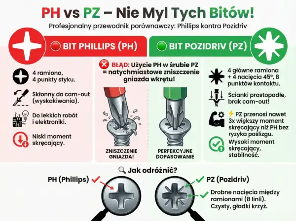 Porównanie rodzajów bitów do wkrętarek: PH (Phillips) i PZ (Pozidriv). PH ma 4 ramiona, PZ 8. PZ zapewnia lepsze dopasowanie i większy moment obrotowy.