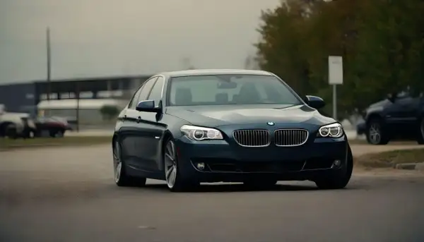 Ciemnoniebieskie BMW na drodze, może symbolizować odstąpienie od umowy kupna samochodu.