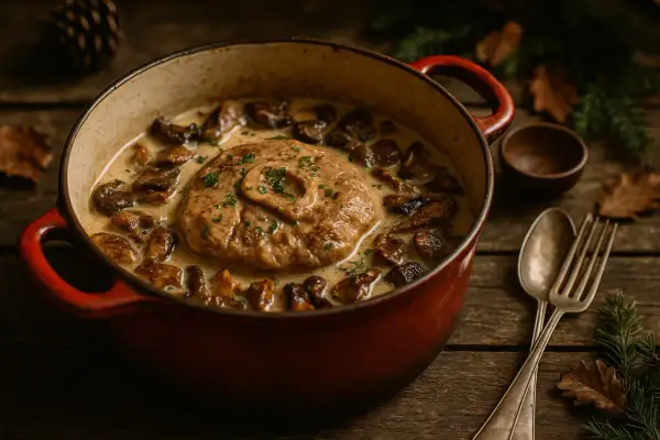 Un plat réconfortant d'osso bucco de dinde mijoté avec des champignons dans une sauce crémeuse, garni de persil frais.
