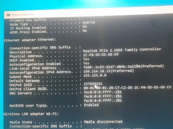 Komunikat o błędzie: karta sieciowa ethernet nie ma poprawnej konfiguracji protokołu IP. Widoczny jest adres IPv4 169.254.58.33.
