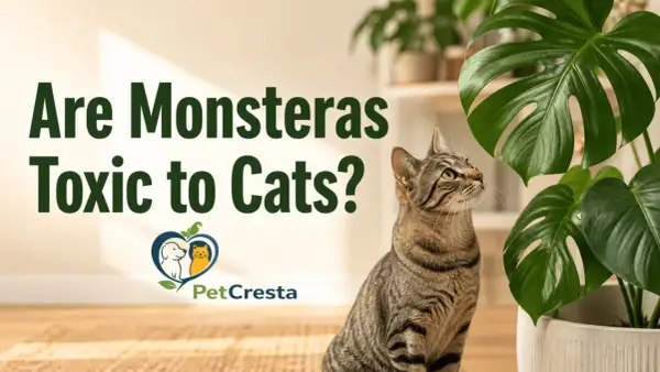 A tabby cat looks up at a large Monstera plant, questioning "Are Monsteras Toxic to Cats?".