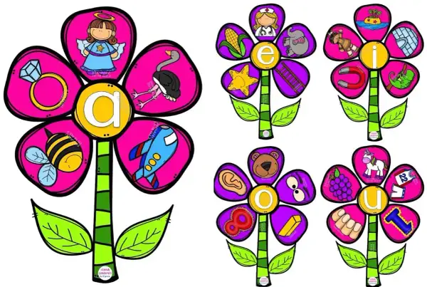 Flores con vocales para imprimir: A (ángel, anillo, abeja, avestruz, avión), E (enfermera, elefante, estrella, escalera, elote), I (isla, indio, imán, iguana, iglú), O (oso, ojo, oreja, ocho, oro), U (unicornio, uvas, uniforme, uña, uno).