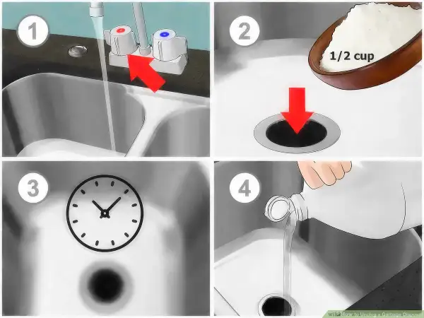 Steps to unclog a garbage disposal: 1. Run cold water. 2. Add baking soda. 3. Wait. 4. Pour vinegar.