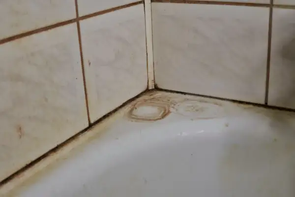 Coins de baignoire sales, avec des traces de javel sur le carrelage et des auréoles sur le blanc.