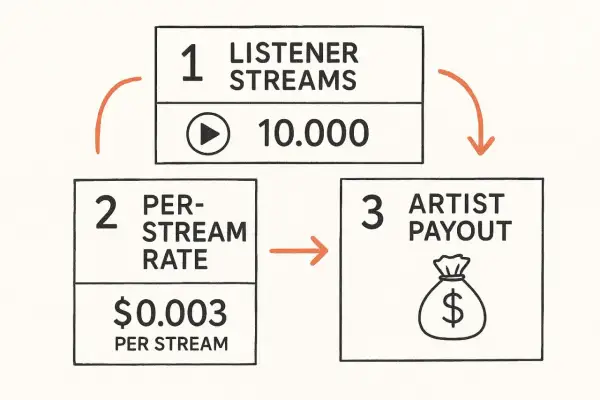 Diagram shows how to make money on Spotify: 10,000 streams at $0.003 per stream equals artist payout.