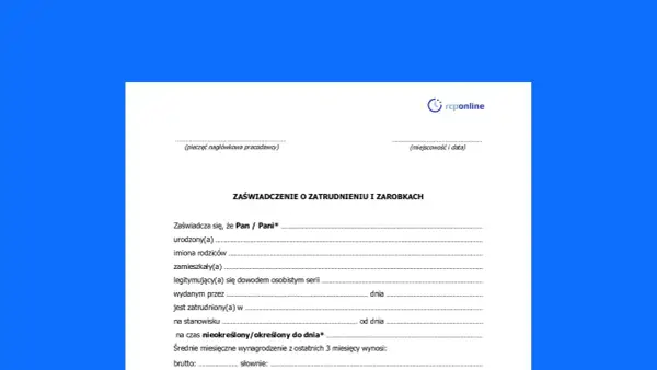 Zaświadczenie o zatrudnieniu i zarobkach, zawierające informację dodatkową do umowy o pracę.