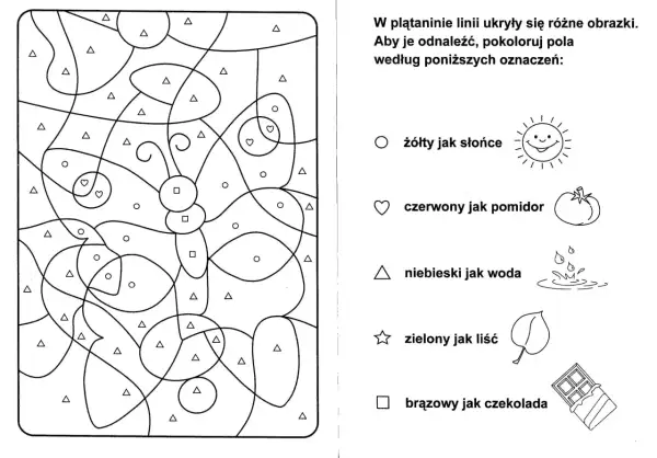 Karnawał karty pracy przedszkole: pokoloruj motyla według symboli. Koło to żółty jak słońce, serce czerwony jak pomidor, trójkąt niebieski jak woda.
