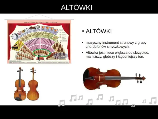 Dwa altówki, instrumenty nieco większe od skrzypiec, z ich charakterystycznym, głębszym tonem.